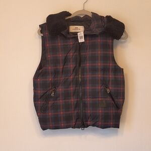 Coach Riley Plaid Puffer Vest With Hood Size XS New